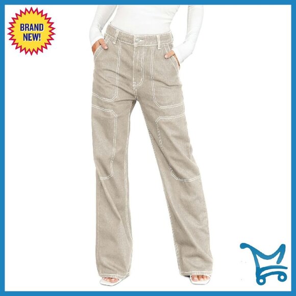 Denim - Mid Waist Cargo Jeans Stretch Button Wide Leg Denim Pants